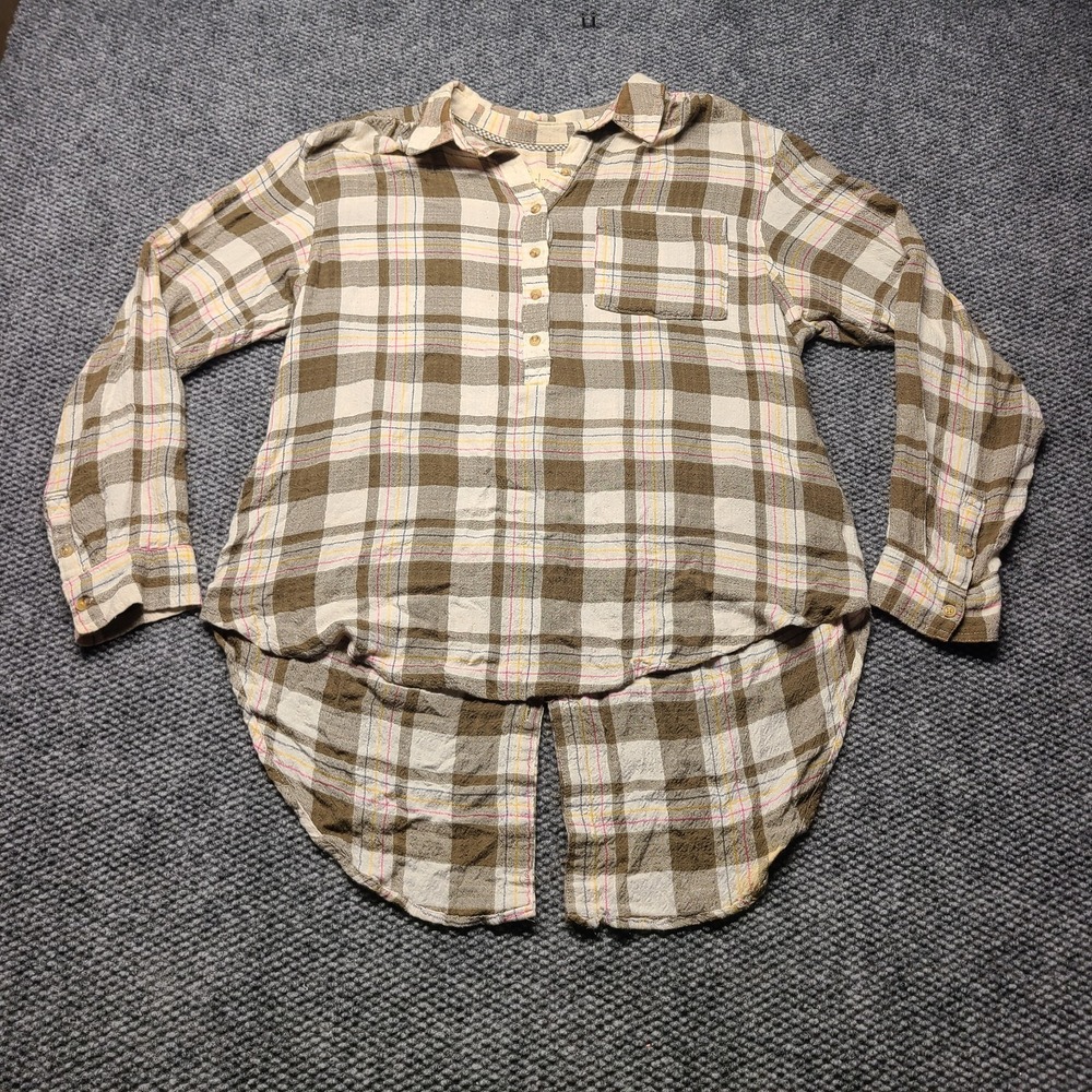Anthropologie Isadora Button Back Tunic Shirt Womens L Beige Brown Plaid Flannel